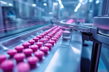 Fototapeta premium Automated machinery producing pharmaceutical products on assembly line in modern factory setting. Rows of pink capsules moving along conveyor belt in brightly lit environment