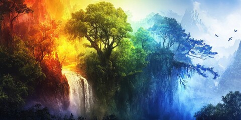 A vibrant, surreal landscape featuring colorful trees, a waterfall, and a gradient sky transitioning from warm to cool tones.