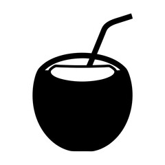Simplified Black Coconut Silhouette with Straw, Tropical Drink Illustration