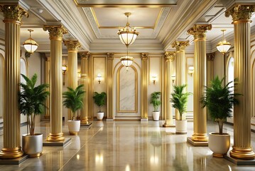 Luxurious hallway interior featuring golden columns chandeliers plants and reflective flooring