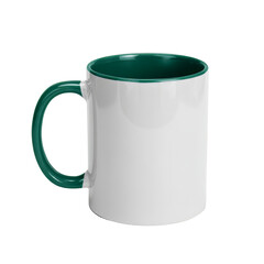 A white ceramic mug with a green handle and interior on transparent background