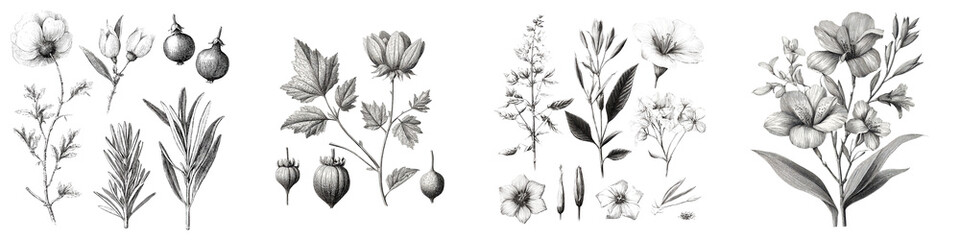Detailed botanical showcasing an assortment of delicate flowers leaves fruits and other plant elements in a vintage monochrome style