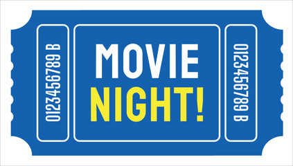 Blue Retro Pop Movie Night Ticket. Retro ticket vector template. Concert, party or festival ticket design template. Vector illustration.
