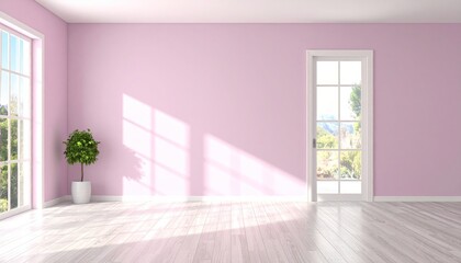 An empty pink room with potted plants in sunlight.