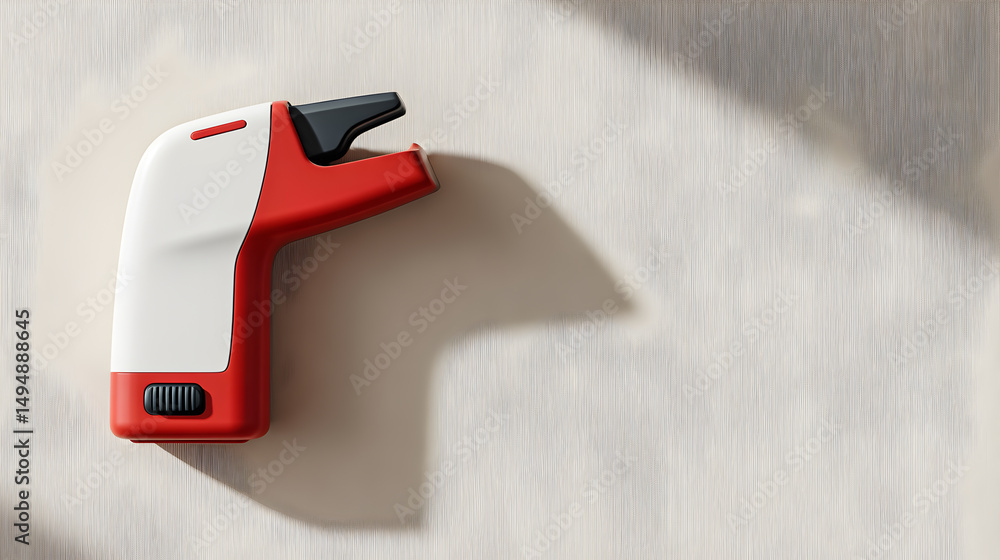 Poster a close-up studio shot of a red and white sleek futuristic lighter on a textured surface casting a d
