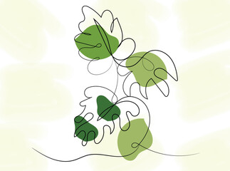 Abstract One Line Drawing of Tropical Leaves with Green Shapes