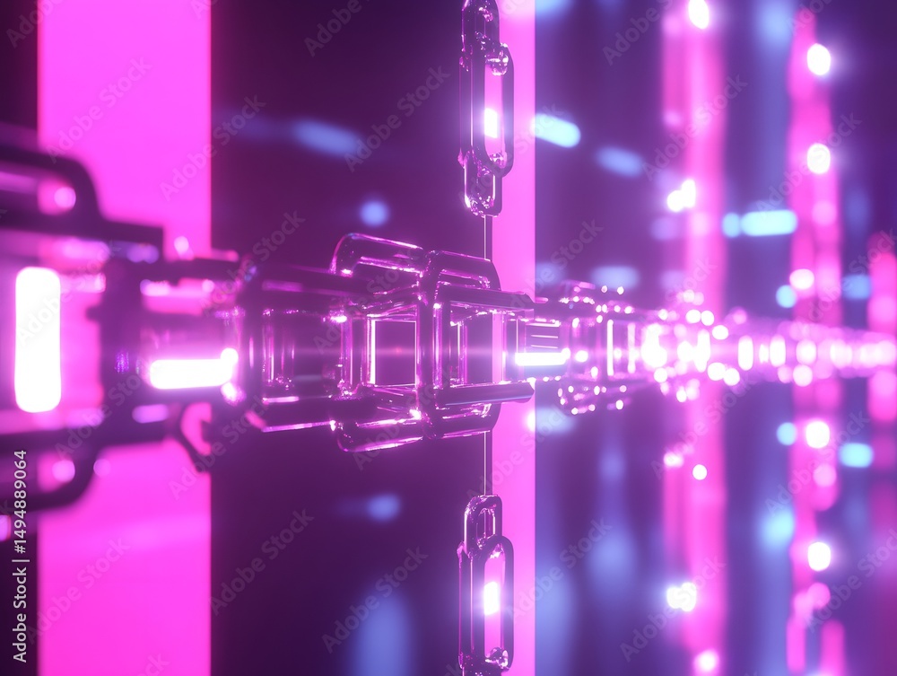 Poster abstract pink and blue neon light tunnel with a chain-like structure. the image evokes a futuristic 