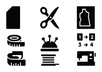 Sewing and tailoring solid icons set – flat, filled, crafting and design tools