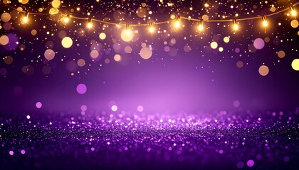 Glittery purple background with golden string lights and bokeh