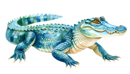 Fototapeta premium Blue Alligator Illustration: A detailed and vibrant illustration of an alligator, its scales rendered in shades of blue and green, set against a crisp white background.