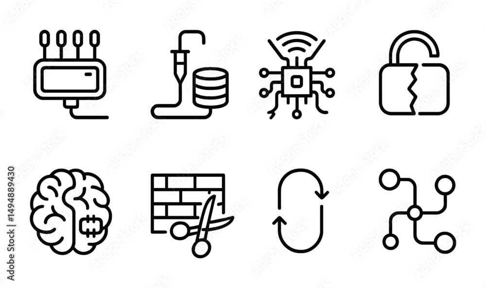 Aufkleber technology and networking line icons set – solid, outline, tech symbols for it designs