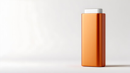 orange bottle with a white cap. The bottle is standing upright on a white surface. There is a soft, light shining from the top left of the bottle, creating a shadow.