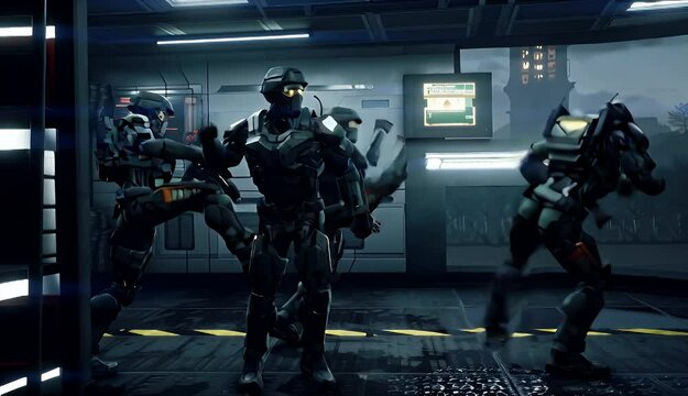 Futuristic military robots in a corridor.