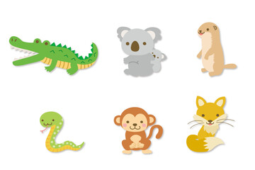 Educational Animal Icons: Crocodile, Koala, Otter, Snake, Monkey, Fox in Playful Flat Design for Kids' Learning & Decor