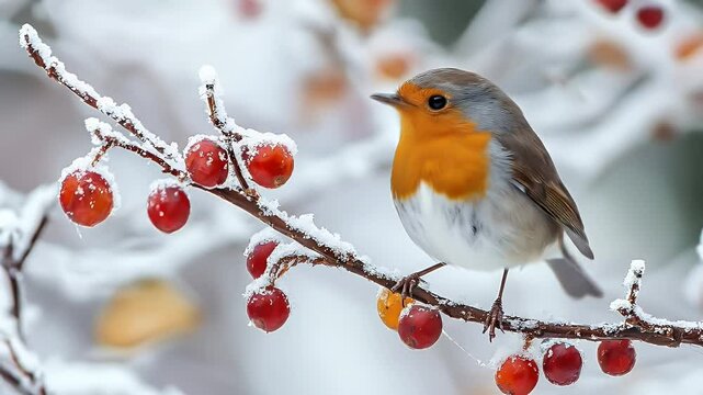 European Robin Perched on Berries Covered in Fresh Snow during Winter in Nature with Red Berries on White Snowy Branches