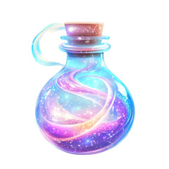 Mystical Potion of Celestial Wonders: A captivating bottle containing a swirling galaxy, representing magic, enchantment, and the infinite possibilities of the cosmos, against a clean background.