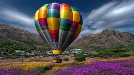 Fototapeta premium Hot air balloon over sunflower field