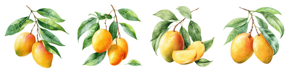 Ripe mangoes hanging on a tree branch with green leaves