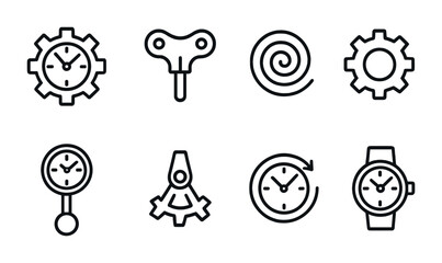 Clockwork and time outline icons set – linear, gears, mechanical symbols