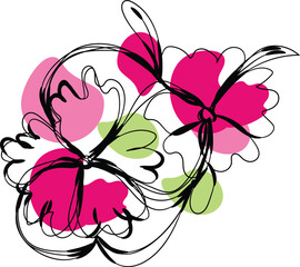 Abstract Pink and Green Floral Design with Black Line Art