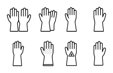 Hands and safety outline icons set – silhouette, linear, protective gear symbols