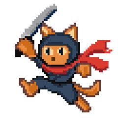 Pixel art orange tabby ninja cat jumping with sword &ndash; retro 8-bit style
