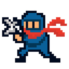 pixel art, ninja, sword, retro game, 8bit, sprite, character, pixel character, fighter, martial arts, combat, dark costume, action pose, samurai, japanese, game asset, 2D, pixelated, ninja warrior, pi