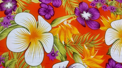 Tropical Floral Pattern Fabric in Pink, Red, and Blue on Black Background