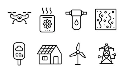 Green energy outline icons set – eco-friendly, renewable, sustainability symbols