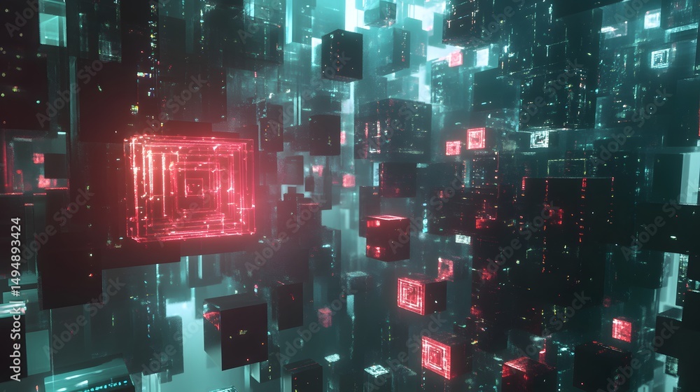 Poster a mesmerizing abstract rendering of glowing digital cubes in a futuristic setting. the cubes emit an