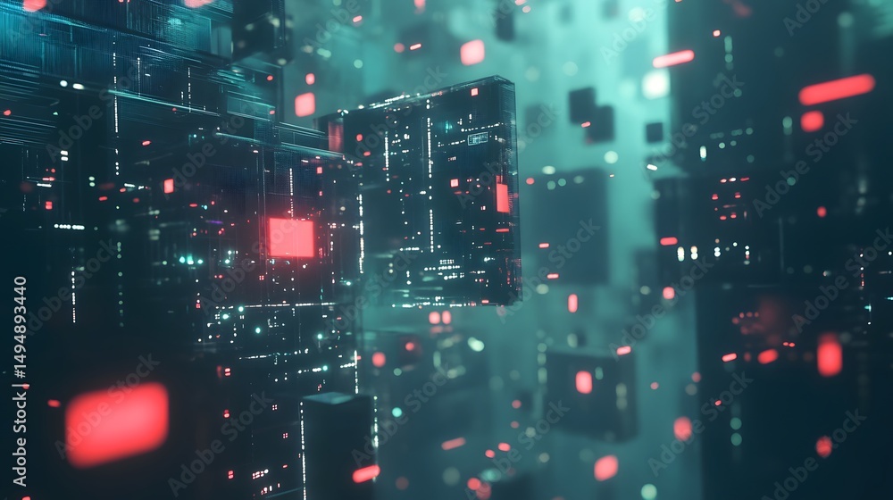 Poster futuristic digital abstract with geometric shapes and neon lights. a network of interconnected data 