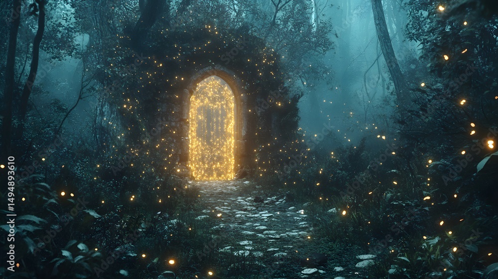 Poster an enchanting forest scene with a glowing portal, creating a magical atmosphere