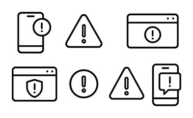 Alert and notification line icons set – outline, warning, message and interface symbols