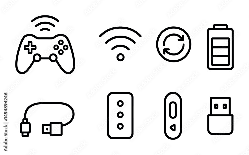 Poster technology and gadget line icons set – outline, linear, tech device symbols