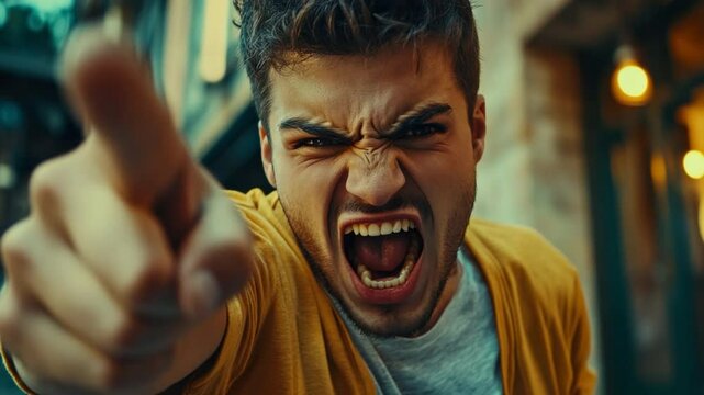 Frustrated Expression of Emotion: A man expresses intense anger with a furious expression, his face contorted in a grimace while pointing accusingly at the viewer.