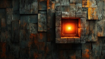 Illuminated Dimensional Portal within Wood Blocks Structure Abstract Art