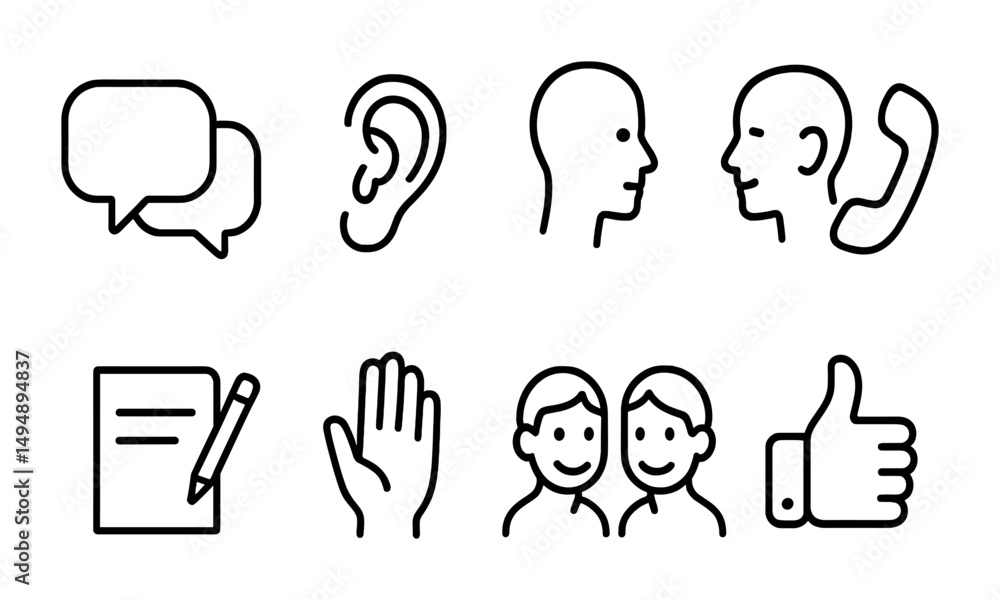 Poster communication and interaction icons set – outline, linear, message and conversation symbols