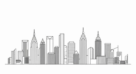 Naklejka premium Minimalist city skyline drawn in a clean linear style, representing modern architecture and urban life.