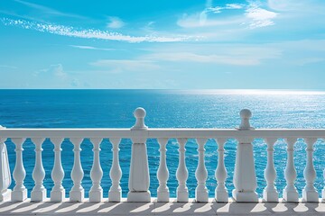Ocean view from a white balcony with a clear blue sky above