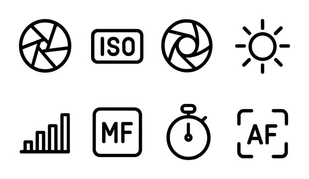 Photography outline icons set &ndash; linear, camera, shutter speed symbols