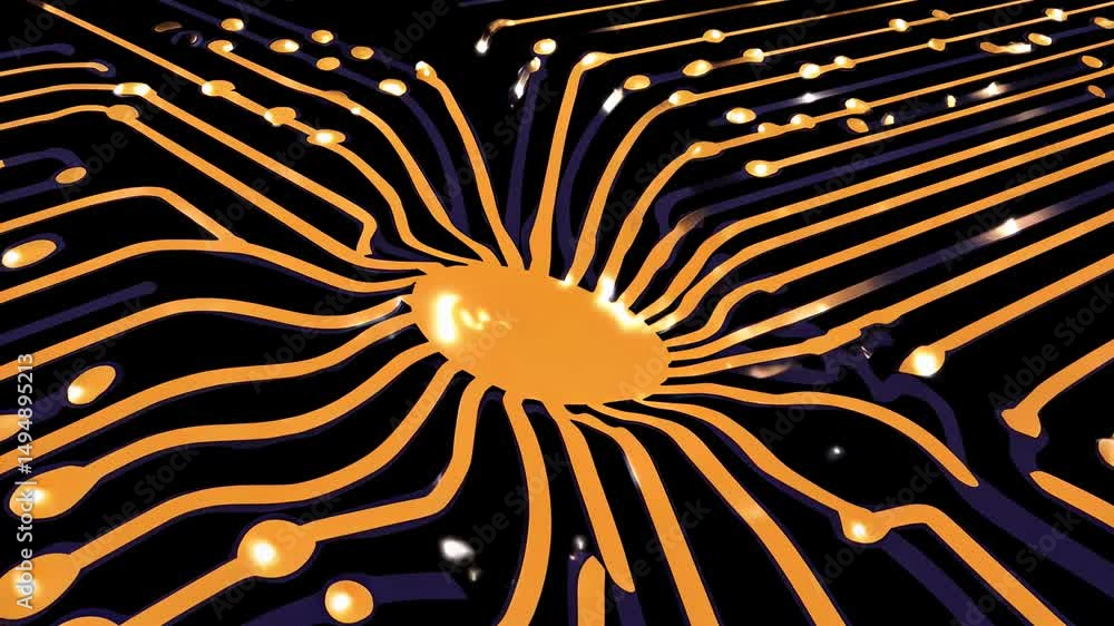 Poster abstract circuit board design with orange lines on dark background