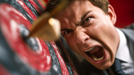Frustrated man, eyes on target. The arrow hit the bullseye, but still the man shows fury over the accomplishment.