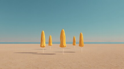 Minimalistisches Strandbild mit gelben Sonnenschirmen unter klarem Himmel
