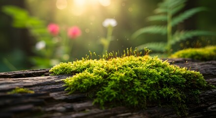 Lush Green Moss Growing on Old Wood in Sunlight Nature Photography