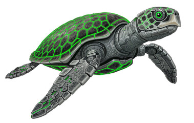 Fototapeta premium Enchanting Futuristic Sea Turtle with Golden Glow and Intricate Shell, isolated on a transparent background