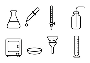 Laboratory equipment outline icons set &ndash; scientific, linear, research tools