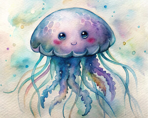 cute colorful jellyfish in watercolor style
