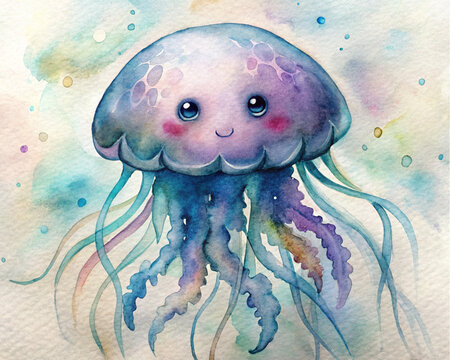 cute colorful jellyfish in watercolor style