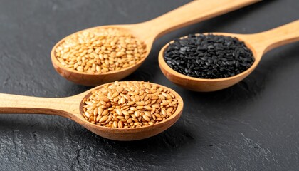 Golden  Black Sesame Seeds in Wooden Spoons.