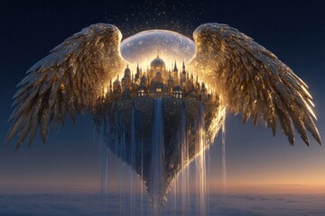 Floating city with golden wings and a moonlit sky.